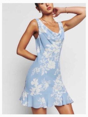 Reformation Rudie Baby Blue & White Floral Cowl Mini Dress